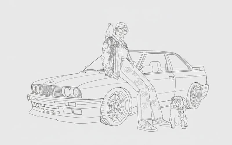 Detailed black and white coloring page of a woman, car, parrot, and dog converted from a modern lifestyle photo.