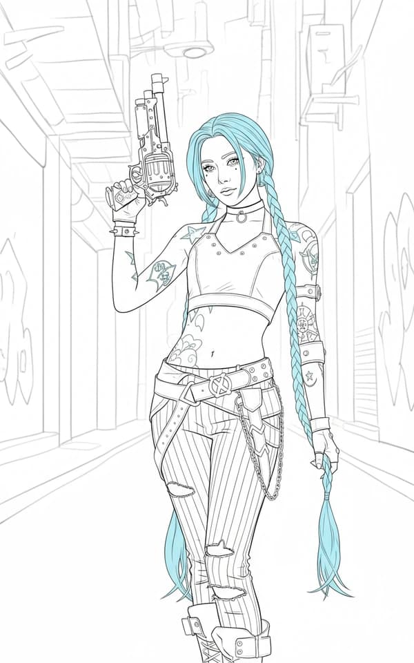 Line art coloring page of a cyberpunk-style female character with long braids and a gun, perfect for creative coloring.